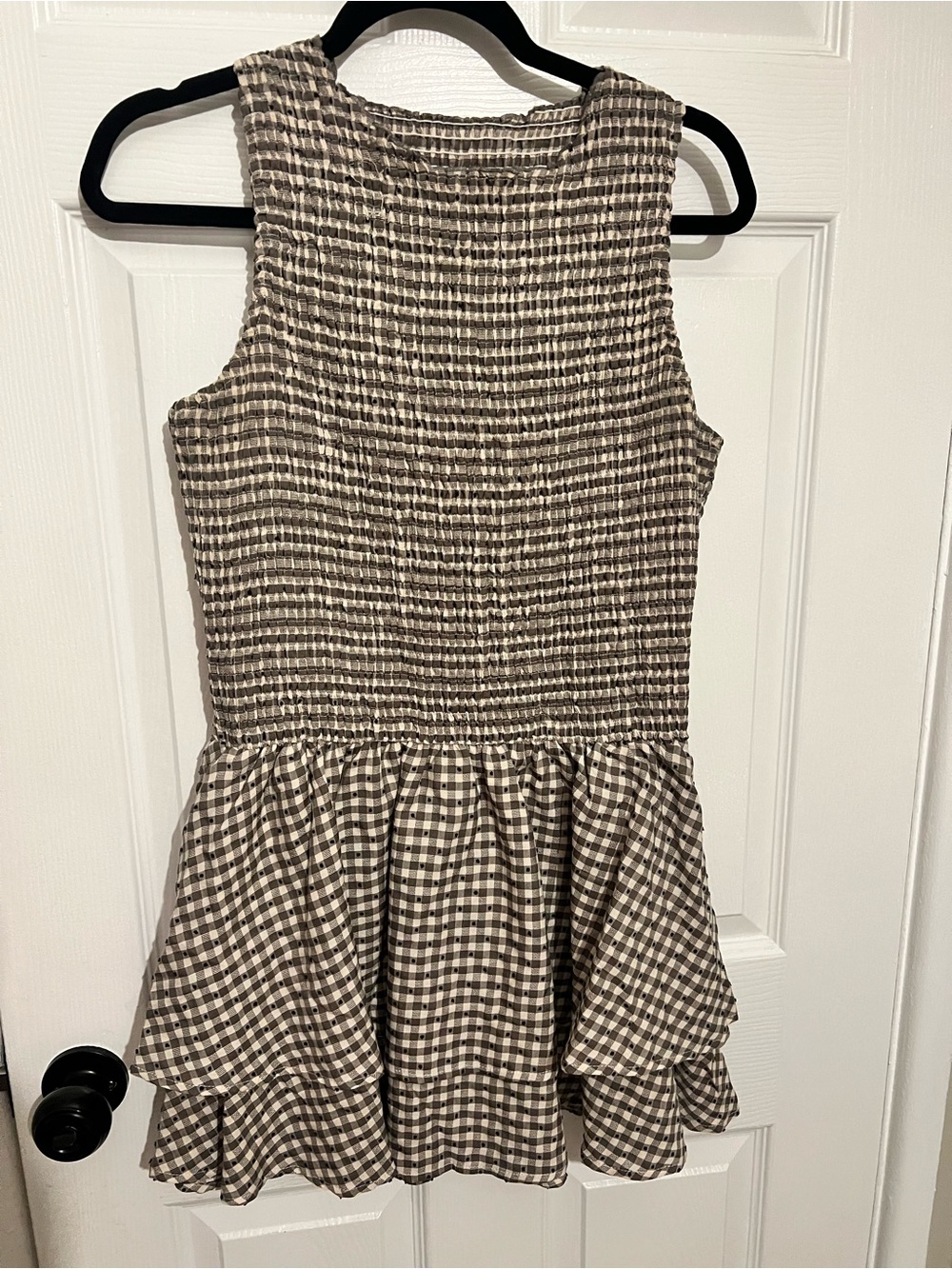 Smocked Gingham Sleeveless Casual Dress in Brown and Cream